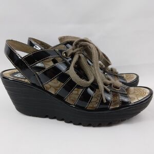 FLY London Shoes Yito Sandal Black Leather Wedge LaceUp Gladiator Womens Size 38